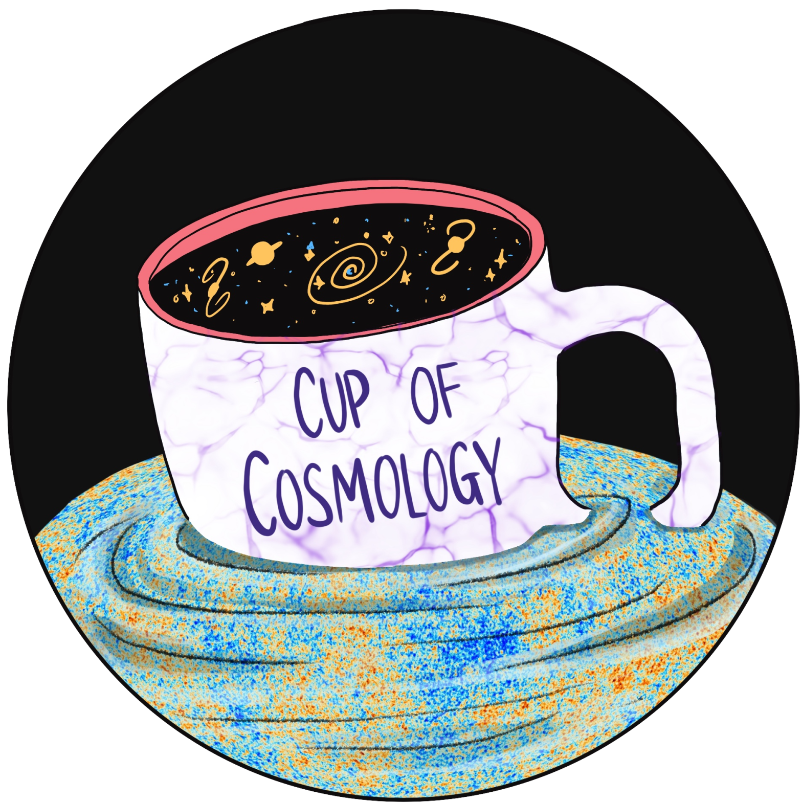 Cup of Cosmology logo. A white mug is coming out of a sea painted with the CMB (with blue and orange spots), causing ripples in the sea. The mug is filled with galaxies and stars. On the cup faint lines trace the cosmic web. The words "Cup of Cosmology" are written on the mug in purple.
